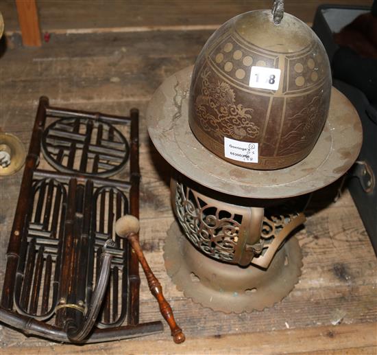Japanese bronze lantern and a dinner gong with bamboo frame
